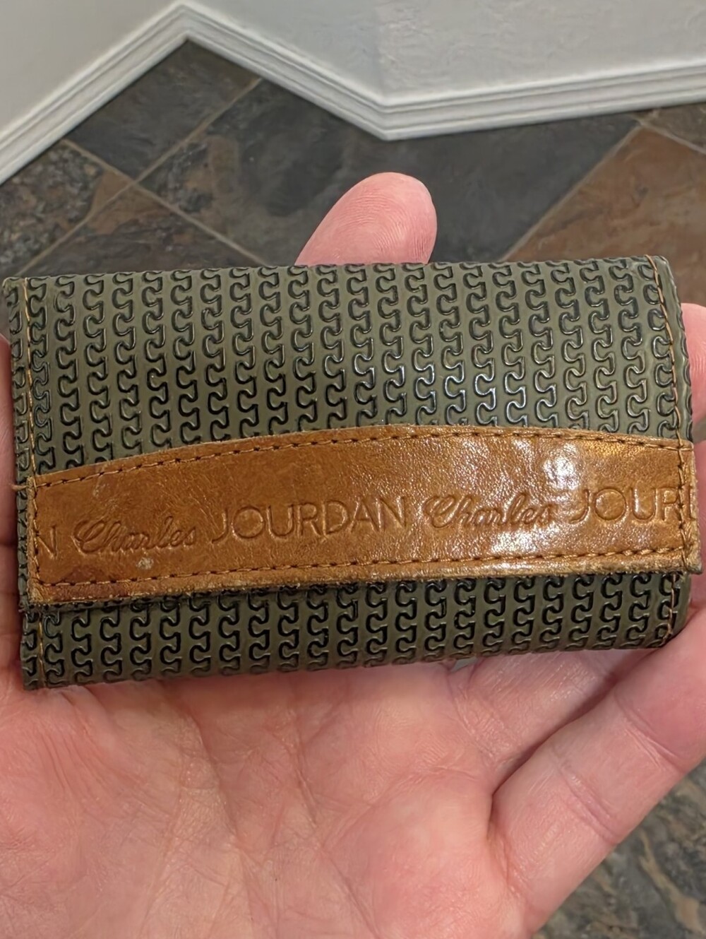 Vintage Charles Jourdan Actif Paris Key Holder Wallet in Olive & Cognac - 1980s
